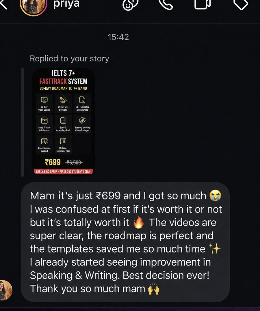 Real Instagram DM from a student praising the IELTS FastTrack course